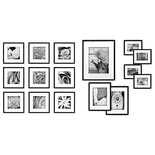 Gallery Perfect Gallery Wall Kit Square Photos, 12" x 12", Black, 9 Piece & Photo Kit with Decorative Art Prints & Hanging Template Gallery Wall Frame Set, 7 Piece, Black, 7 Piece