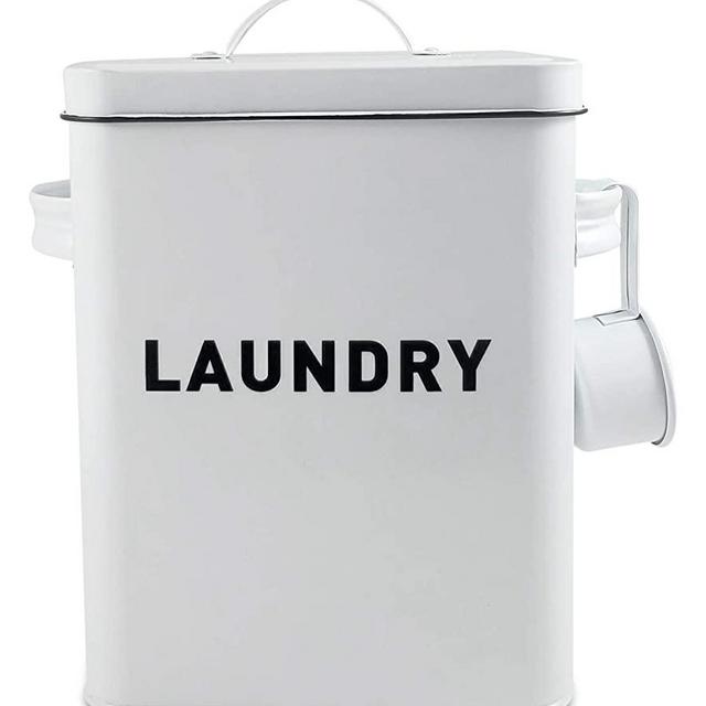 Metal Laundry Room Container - Modern Farmhouse White Detergent Powder Storage, Organization, and Decor Display Canister Box