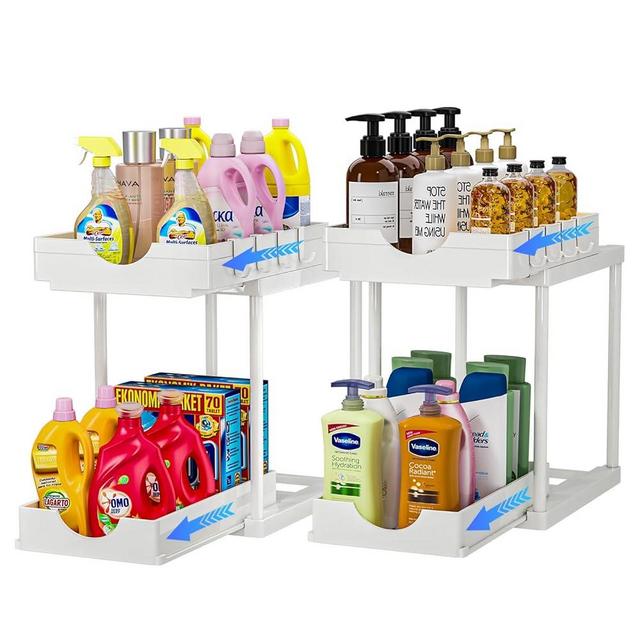 ARSTPEOE 2 Pack Double Sliding Under Sink Organizers and Storage,Two Tier Bathroom Storage and organization,Under Cabinet Organizer with Hooks,Home Organization,White