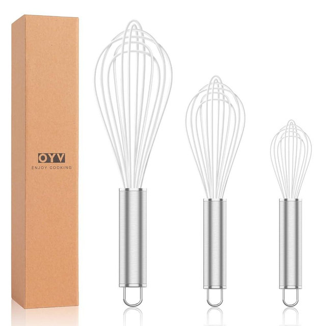OYV White Silicone Whisk, Professional Whisks For Cooking Non-Scratch, Stainless Steel & Silicone Wisk, Plastic Rubber Whisk Tool For Nonstick Cookware Pans, BPA free, Silicon Wisks Set of 3