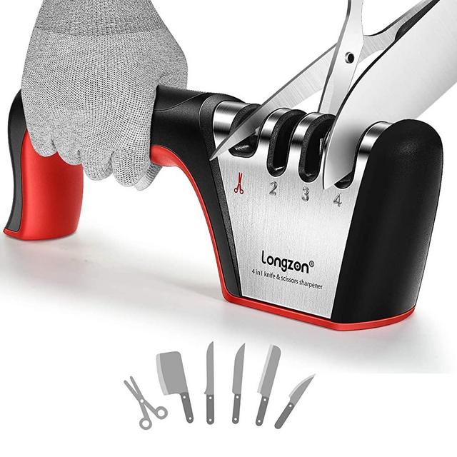 4-in-1 longzon [4 stage] Knife Sharpener with a Pair of Cut-Resistant Glove, Original Premium Polish Blades, Best Kitchen Knife Sharpener Really Works for Ceramic and Steel Knives, Scissors.