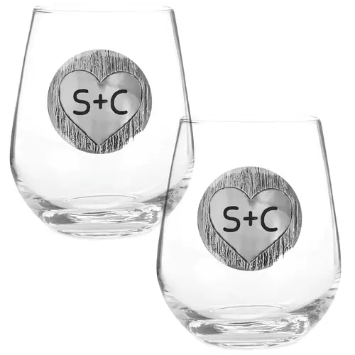 Carved Initials 2-Piece Stemless Wine Glass Set