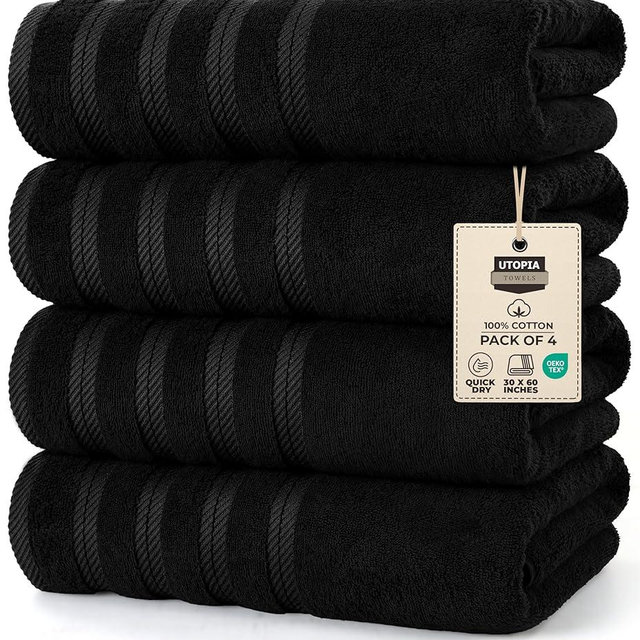 Utopia Towels 4 Pack Premium Extra Large Bath Towels Set, (30 x 60 Inches) 100% Ring Spun Cotton 500GSM, Lightweight and Highly Absorbent Quick Drying Towels, Perfect for Daily Use (Black)