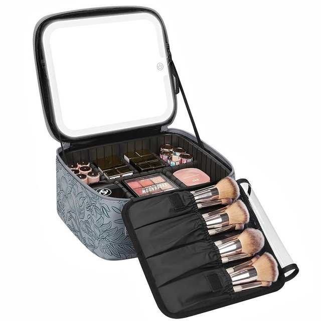 Relavel Travel Makeup Bag With LED Mirror for Women, Cosmetic Organizer Bag with Adjustable Brightness in 3 Color Scenarios, Detachable Dividers, Waterproof Train Case for Daily - Dark Blue FLowers