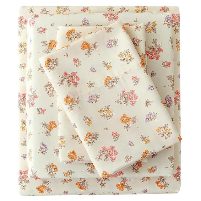 Viviland Floral King Sheet Set - 4 Piece Vintage Lavender Flower and Leaves Patterned Bed Sheets - Soft, Breathable Microfiber Sheets with Deep Pocket, Non-Slip Fitted Sheets & Pillowcases