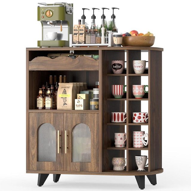 VINAEMO Coffee Bar Cabinet with 24-Cup Display, Large Drawer & Storage,Modern Buffet Sideboard for Kitchen, Medium Wooden Bar Station for Apartment，Walnut