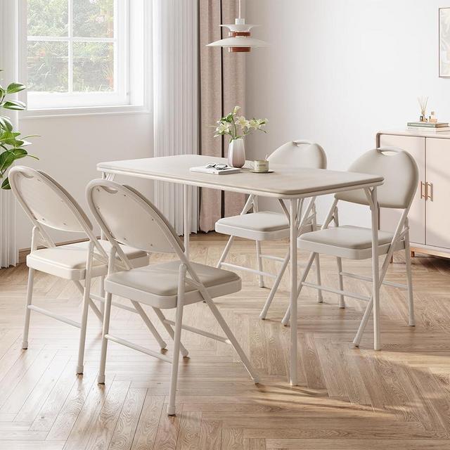 IDEALHOUSE Protable Folding Table and Chairs, 5 Piece Folding Card Table and Chairs Set, Foldable PU Upholstered Table and Chairs Set of 5, for Dining Room, Living Room, Office, Camping, Beige