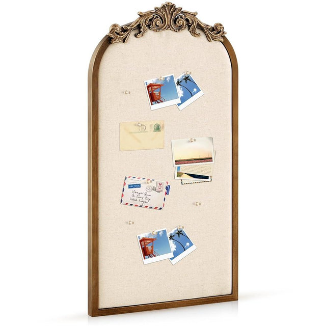 Wonderjune Vintage Arch Framed Pin Board Linen Bulletin Board Large Fabric Decorative Pinboard for Wall Ornate Picture Memo Display Pinboard for Home Office Farmhouse(Retro,13" X 25",Gold)