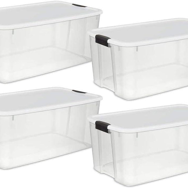 Sterilite Storage System Solution with 116 Quart Clear Stackable Storage Box Organization Containers with White Latching Lid, 8 Pack