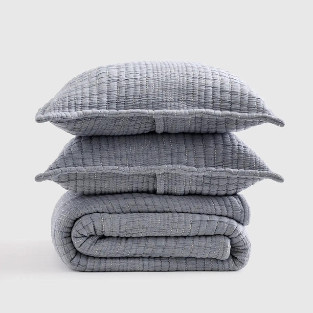 Organic Cotton Channel Stitch Coverlet Set - Blue, King/Cal King