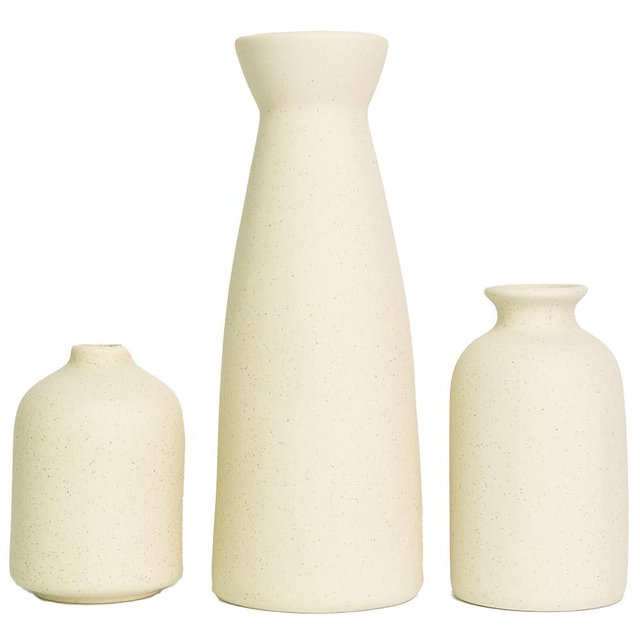 Distressed Ceramic Vase Set of 3, Modern Bohemian Farmhouse Home Decor, Pampas Grass Dried Flowers Vases for Living Room, Dining Room, Bedroom, Kitchen, Bathroom, Office, Entryway (Beige)