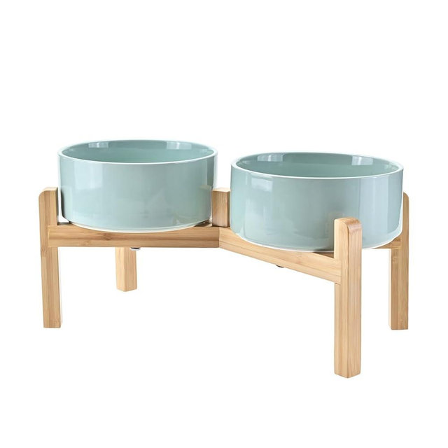SPUNKYJUNKY Elevated Dog Bowls Ceramic, 7.3'' Dogs Food Water Bowls Raised with Non-Slip Bamboo Stand for Medium to Large Sized Breed Microwave Dishwasher Safe - 42 OZ,Light Green