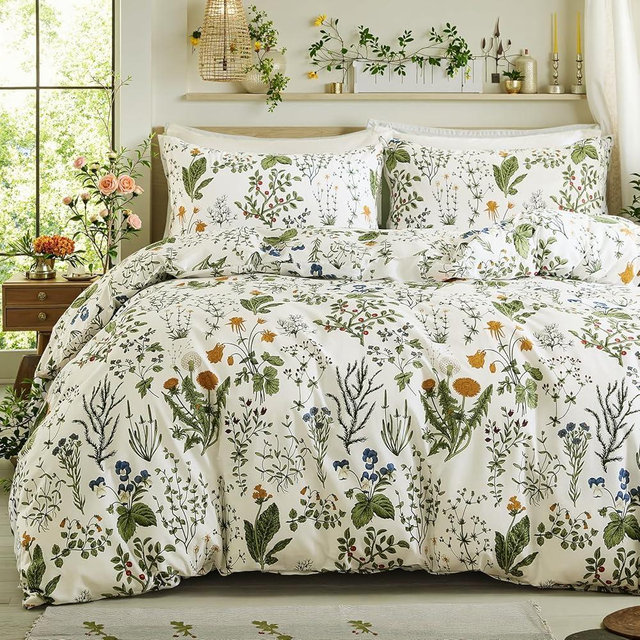 Cozaline Duvet Cover Queen Size - 100% Cotton Reversible Floral Queen Duvet Cover Set with Zipper Closure, 3 Pieces Soft & Breathable Green Bedding Set for All Seasons