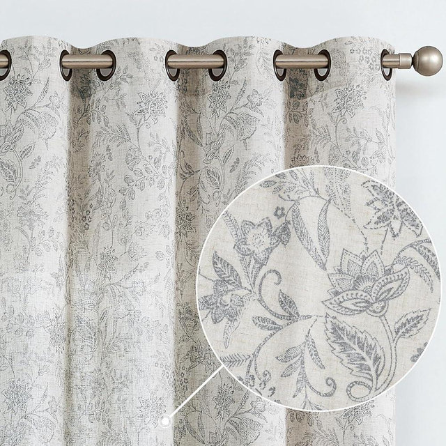 Lazzzy Grey Floral Linen Farmhouse Curtains for Living Room 84 Inch Length Window Curtains Semi Sheer Drapes for Bedroom Country Light Filtering Curtain Grommet Top 2 Panels Grey on Beige