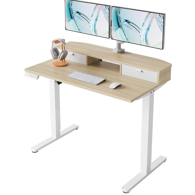 HUANUO 40" X 24" Electric Standing Desk with 2 Drawers, C-Clamp Mount Compatible, Height Adjustable Computer Desk, Home Office Stand Up Desk with 4 Preset Heights & 2 Hooks, Light Walnut