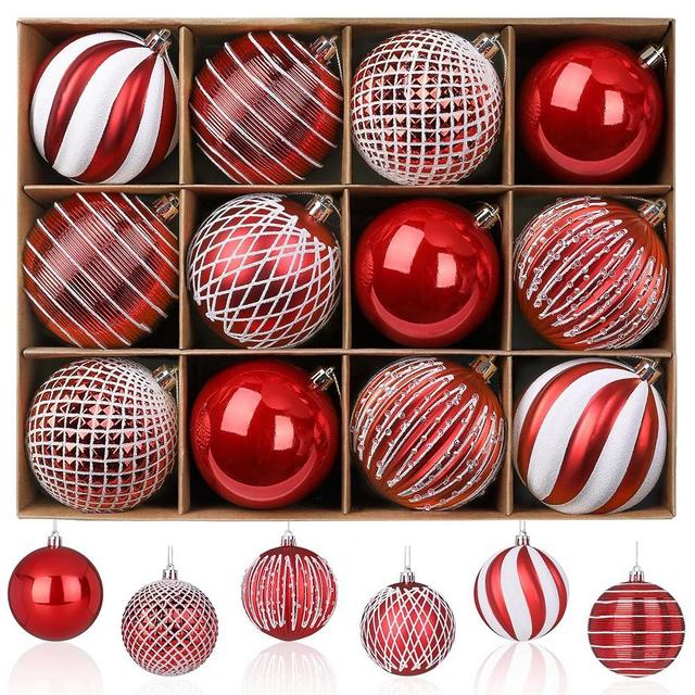 SHareconn 80mm Christmas Balls Ornaments,12PCS Colored Shatterproof Plastic Decorative Hanging Tree Decorations Baubles Set for Xmas Tree Decor Holiday Party Wedding Decoration with Lanyard, Red&White