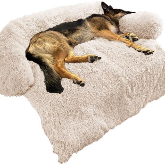 Calming Dog Bed Fluffy Plush Dog Mat for Furniture Protector with Removable Washable Cover for Large Medium Small Dogs and Cats (Large, Beige)