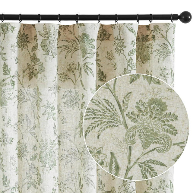jinchan Linen Floral Curtains for Living Room with Printed Flower 84 Inches Long Light Filtering French Country Back Tab Rod Pocket Sage Green Window Curtain Set Farmhouse Drapes 2 Panels
