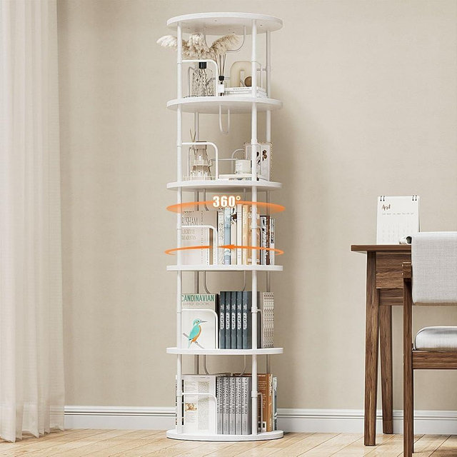 ALLSTAND 5 Tier Rotating Bookshelf, 360 ° Display Stackable Spinning Bookshelf Tower, Corner Bookshelf Tall Floor Standing Swivel Bookcase Narrow Storage Organizer for Bedroom, Living Room, White