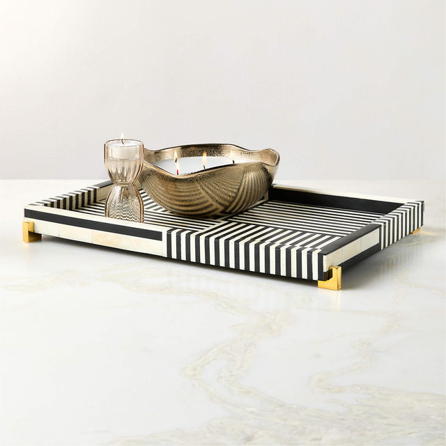 Eadie Black and White Bone Resin Decorative Tray 12"x18"