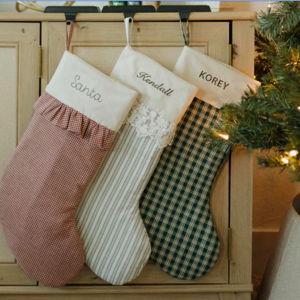 Personalized Christmas Stocking – With Name Embroidery, Bow, Ruffle Cuff, and Lace Options - Medium Red Check, Bow + Lace W/Name