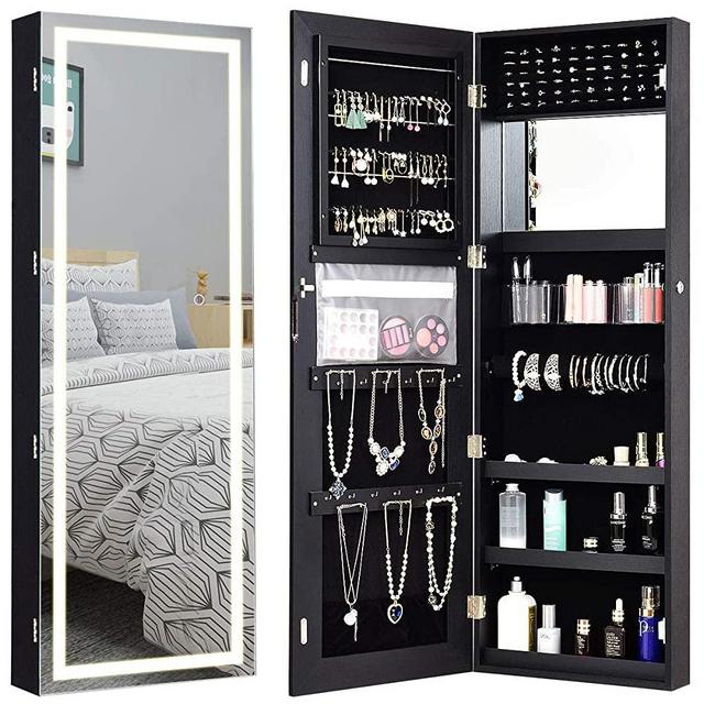 Giantex Jewelry Cabinet Box Amoire Door Wall Mount Lockable Touch Screen Light Built-in Zipper Pocket Inside Makeup Mirrored Storage Jewelry Box Armoires with Lipstick Holder(Black)