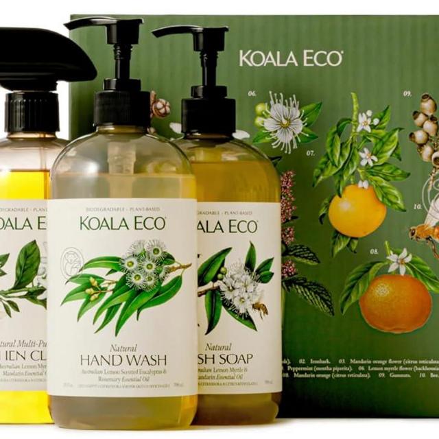 Koala Eco Natural Gift Set of 3 Includes: Kitchen Cleaner, Dish Soap, Hand Wash, Beautifully Packaged, Plant-Based with Australian Lemon Eucalyptus, Lemon Myrtle & Rosemary Essential Oil, 16 oz