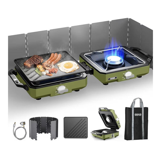 ODSD 2 Burner Camping Stove with Windshield, 20000 BTU Propane Camp Stove, Portable Folding Gas Stove, Camping Essentials Gear Includes Frying Pan, Coffee Stand & Carry Bag, Green