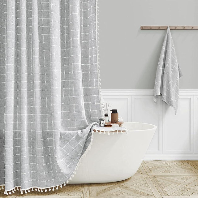 BTTN Boho Farmhouse Shower Curtain, Linen Rustic Heavy Duty Fabric Shower Curtain Set with Tassel, Water Repellent, Bohemian Vintage Country Thick Cloth Shower Curtains for Bathroom, Gray/Grey, 72x72