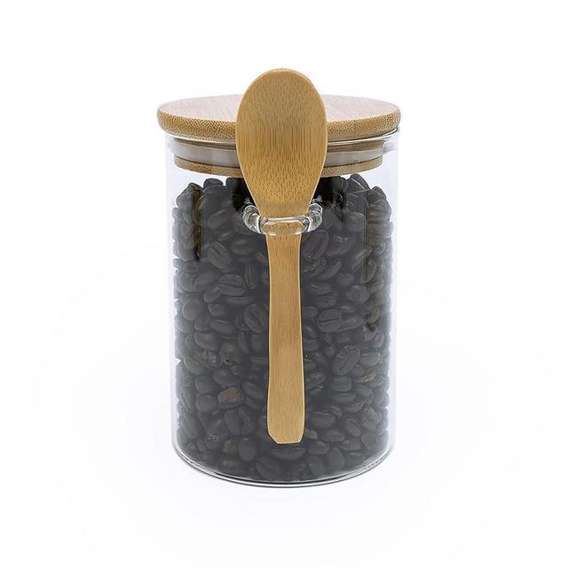 17 Ounce Borosilicate Glass Jar With Bamboo Lid & Bamboo Spoon - Multifunctional Decorative Airtight Coffee Container for Ground Coffee, Tea, Flour, Sugar, Salt, Nuts, Candy, Herbs, Spices & More