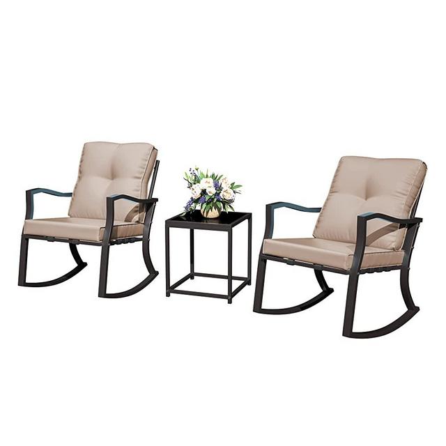 RTDTD 3 Piece Outdoor Rocking Chairs Patio Bistro Sets Modern Patio Furniture Set Conversation Sets with Coffee Table & 2 Sand Thickened Cushions for Garden, Pool, Backyard