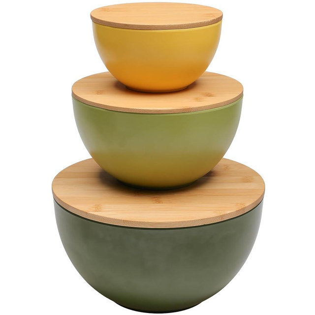 ECOWAY Salad Bowl Set of 3 with Bamboo Lids, Mixing Bowl Set, Nesting Bowls for Space Saving Storage, Made with Durable Eco-Friendly Bamboo Fiber, Great for Prepping and Serving Food (3 Colors)