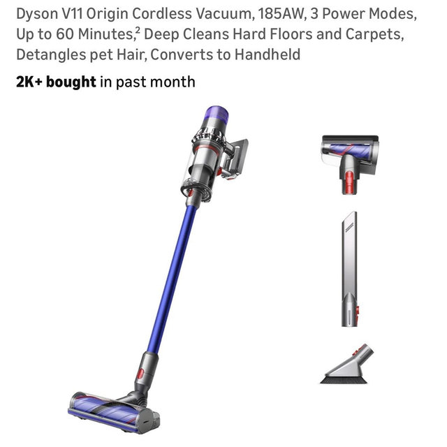 Dyson V11 Origin Cordless Vacuum, 185AW, 3 Power Modes, Up to 60 Minutes,² Deep Cleans Hard Floors and Carpets, Detangles pet Hair, Converts to Handheld