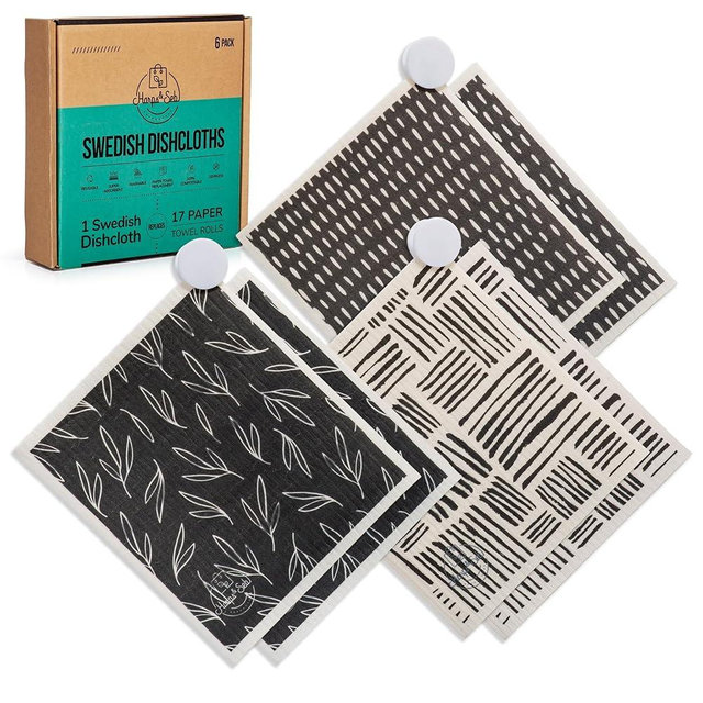 Harps&Seb 6-Pack, Reusable Swedish Dishcloths,Super Absorbent Washable Swedish Dish Towels with Convenient Hanging Clips, No Odor, Biodegradable, Non-Scratch Reusable Paper Towels