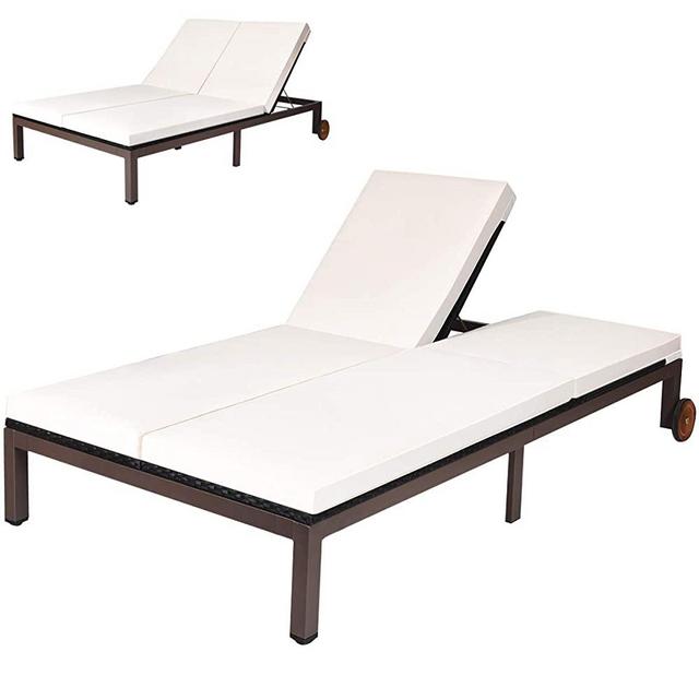 Tangkula 2-Person Patio Lounge Chair, Outdoor Rattan Double Wicker Daybed Chaise Lounge Chair with Adjustable Backrest Wheels & Cushion, Patio Loveseat Sofa for Garden Lawn Backyard (Cream)