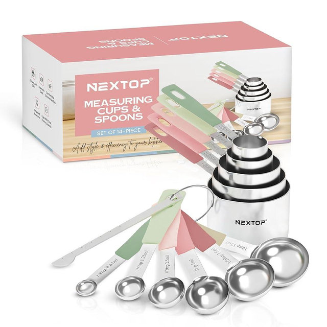 Nextop 14-Piece Stainless Steel Measuring Cups and Measuring Spoons Set with All Stackable Sizes and Leveler for Dry Ingredients, Complete Set for Kitchen & Baking Measuring Tools (Peach Set)