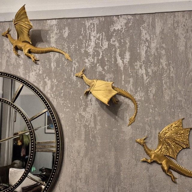 Silk Gold Dragon Wall Art: Fantasy Bookshelf Decor (Set of 3)