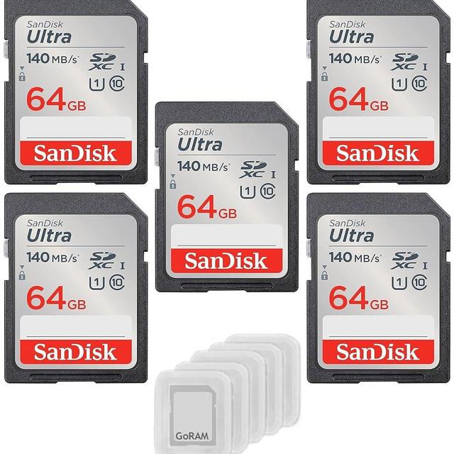 SanDisk 64GB Ultra SDXC UHS-I Class 10 Memory Card 140MB/s U1, Full HD, SD Camera Card SDSDUNB-064G (5 Pack) Bundle with (5) GoRAM Plastic Cases