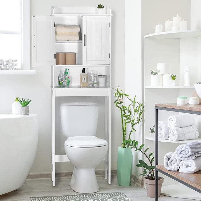 VEIKOUS Over The Toilet Storage Cabinet, Bathroom Organizer Over Toilet and Small Freestanding Cabinet W/Adjustable Shelf & Storage Rack, Bathroom Space Saver, White