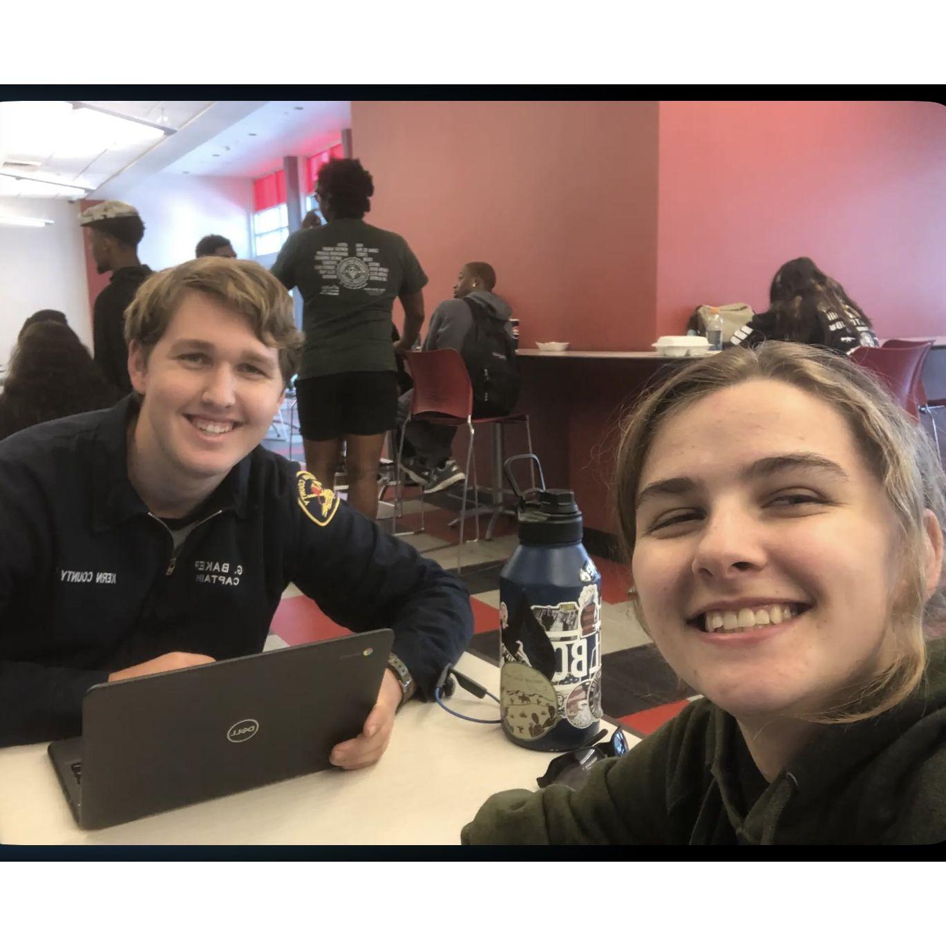 Working on homework in the Bakersfield College cafeteria
