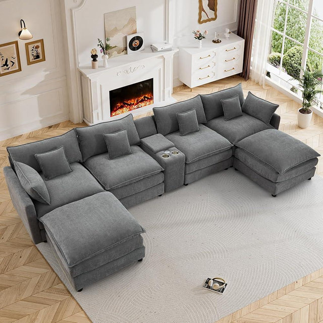 Flyida 145" Cloud Couch Oversized U Shaped Grey Sectional Couches for Living Room, Big Soft Comfy Fluffy Chenille Couch Sectionals, Modular Sectional Sofa with Ottoman & Central Console