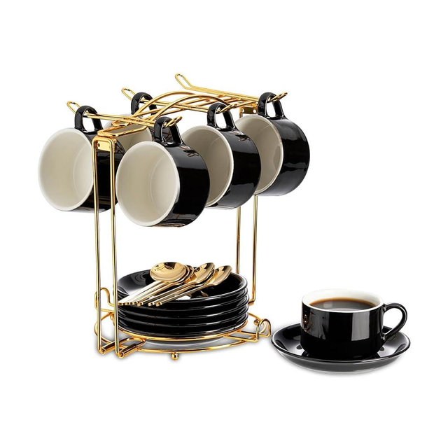 YOLIFE Espresso Cups with Saucers Set and Gold Metal Stand, 2.5oz Expresso Shots Cup with Stand & Saucers, Ceramic Coffee Espresso Cups Set of 6, Black
