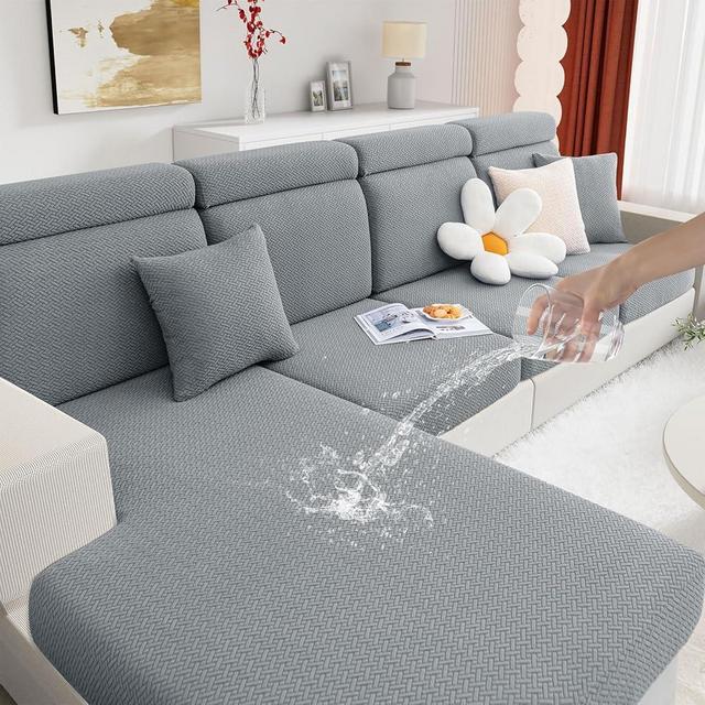 hyha Waterproof Sectional Couch Cushion Covers, Wear Resistant Sofa Slipcovers Washable, Anti Slip L Shape Couch Covers for Sectional Sofa, Furniture Protector for Pets (1 Piece Chaise, Light Grey)