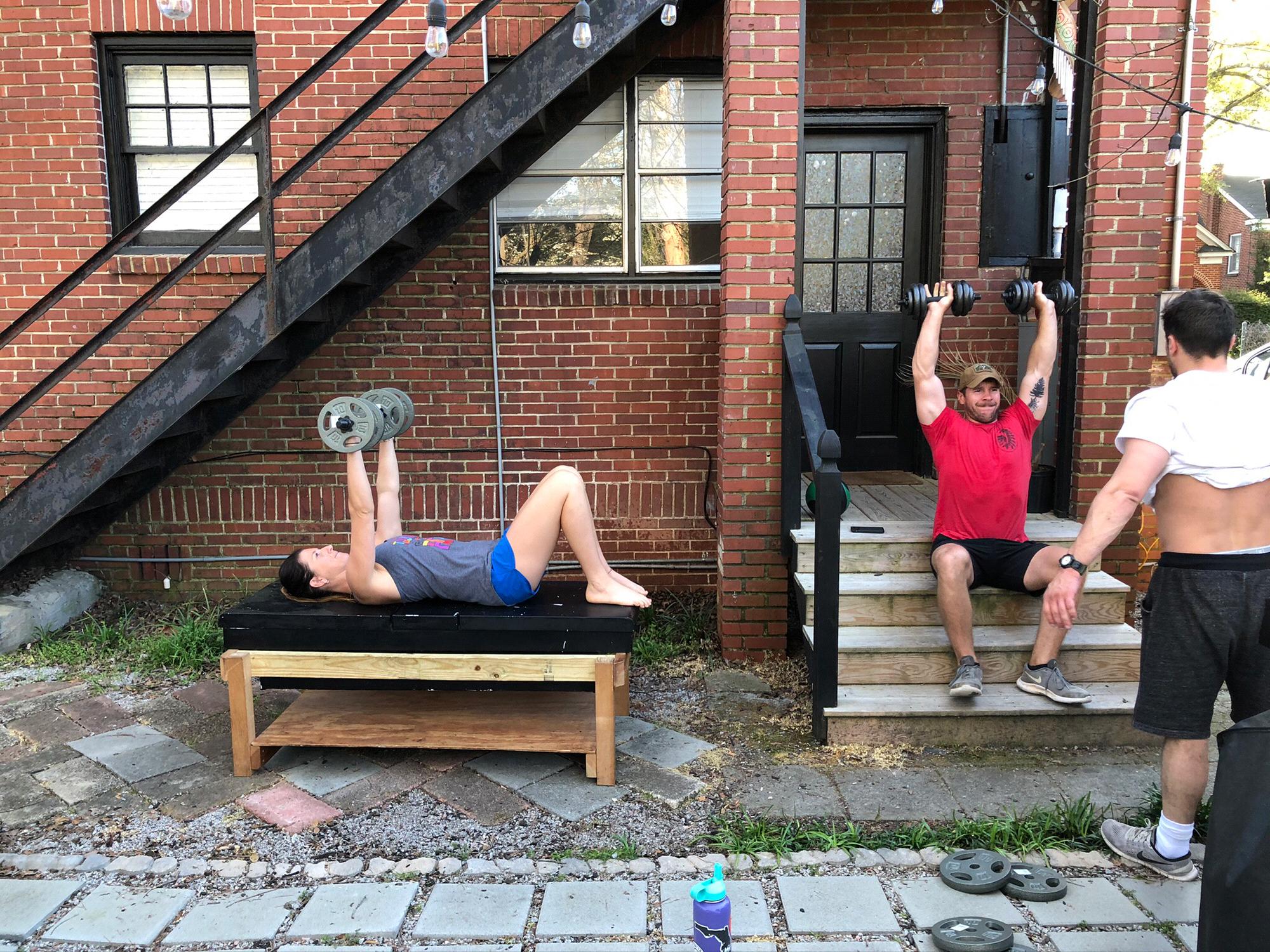 Quarantine workouts’ humble beginnings in Kristen’s back yard.