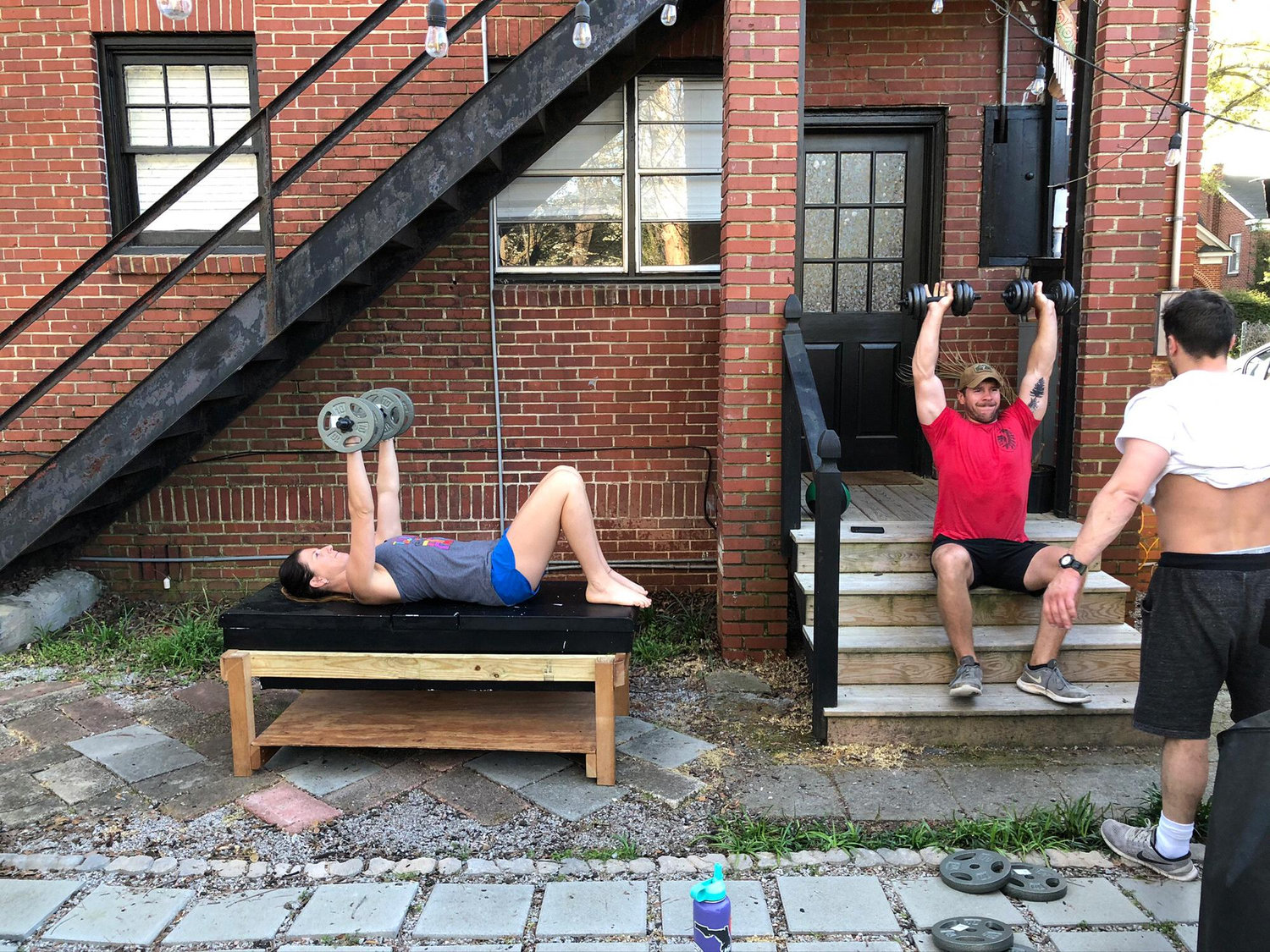 Quarantine workouts’ humble beginnings in Kristen’s back yard.