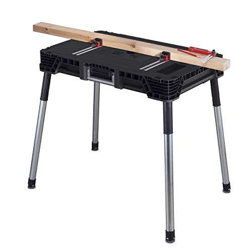 Keter Jobmade Portable Work Bench and Miter Saw Table for Woodworking Tools and Accessories with Included Wood Clamps – Removable Table Legs for Easy Garage Storage