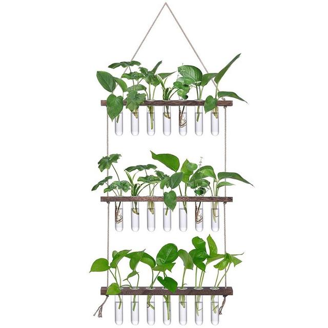 XXXFLOWER Wall Hanging Propagation Station with Wooden Stand 21 Glass Test Tubes 3 Tiered Planters Wall Terrarium for Home Office Plant Hanger Flower Vases Wall Decor Hydroponic Cuttings Brown