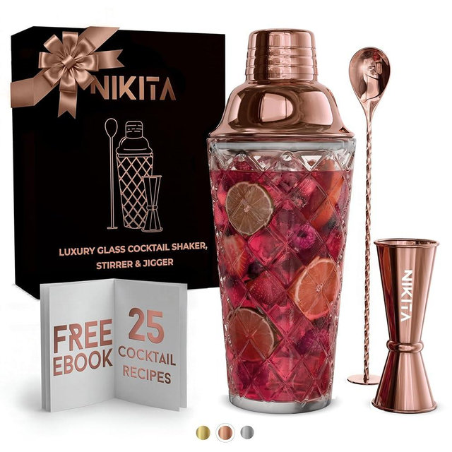 Glass Cocktail Shaker Set - 5 Piece - Rose Gold Martini Shaker Set with Strainer, Jigger, Spoon & Muddler - 16 oz Drink Shakers Cocktail - Ideal Gift for Home Bar & Drink Trolley Décor
