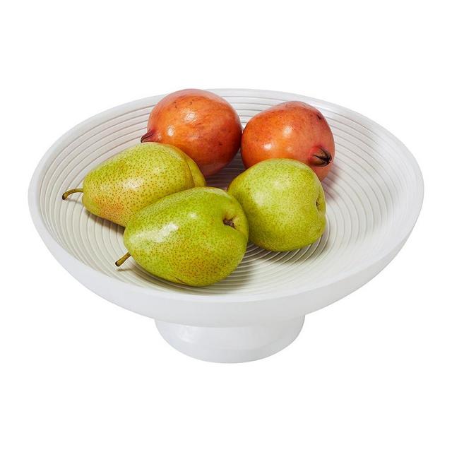 VHC Brands Ribbed White Wooden Fruit Bowl 5.5x12x12, Kitchen Decor, Decorative Wooden Pedestal Bowl, Perfect Centerpiece for Table, Island, or Counter