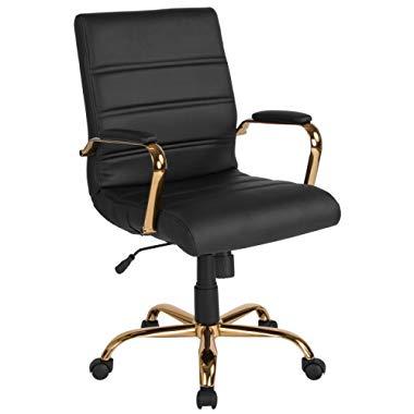 Flash Furniture Mid-Back Black Leather Executive Swivel Office Chair with Gold Frame and Arms, GO-2286M-BK-GLD-GG